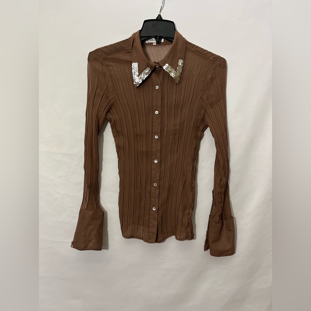 Vintage Claudia Richard Sheer Brown Blouse With Sequin Y2K Size Large